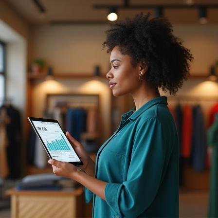A small business owner in a modern retail shop using a tablet to check stock levels