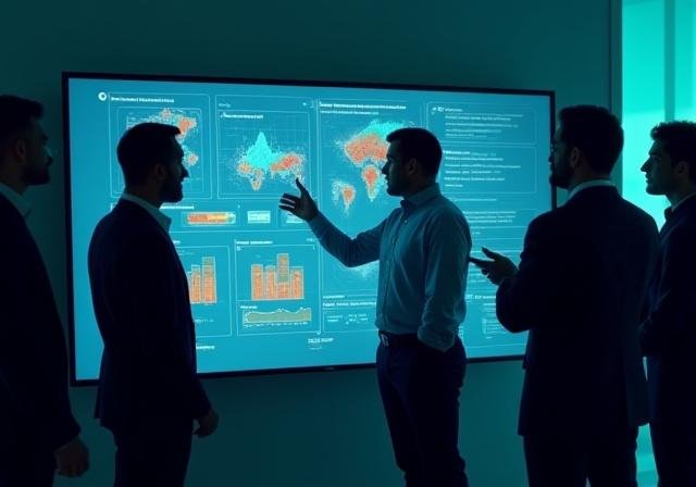 Strategic consulting team analyzing data on large screens in a modern Delhi office