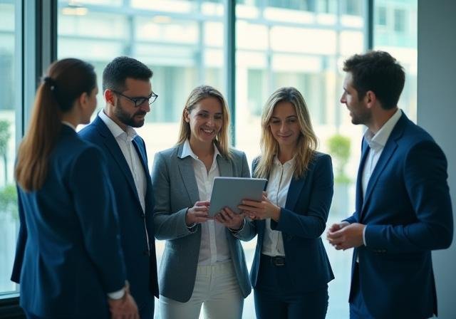 Diverse professional team collaborating in a bright modern workshop setting with data visualizations in the background